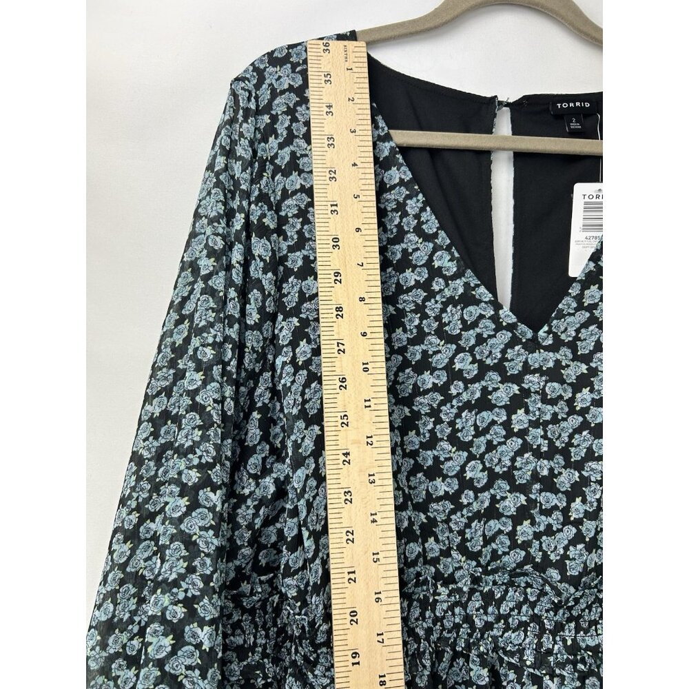 Torrid 2X Mini Lurex Chiffon Tiered Dress Floral Green Long Sleeve Pockets NWT - Picture 6 of 16